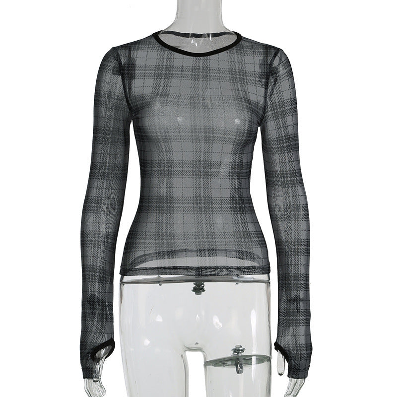 Commuting Elegant Contrast Color Design Plaid Pullover Slightly Transparent Thumb Hole Mesh Top