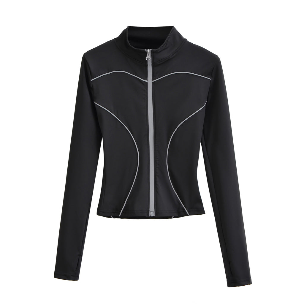 Yoga Half Turtleneck Zipper Cardigan Reflective Stripe Tight Short T-shirt