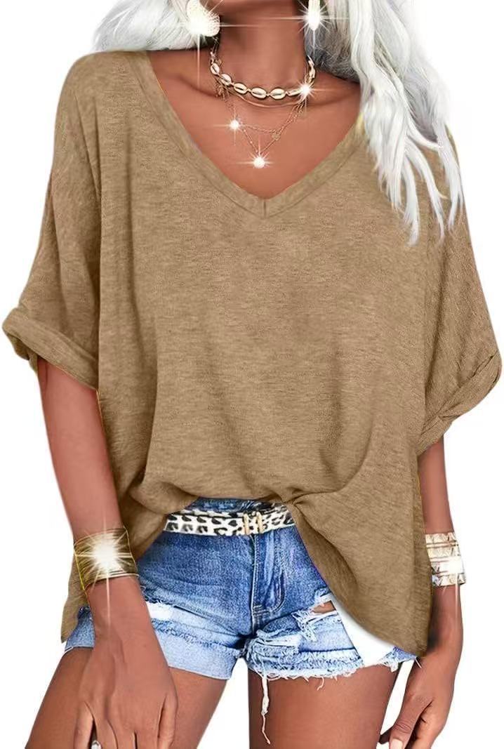 Women's Summer Loose T-shirt V-neck Curling Short Sleeve