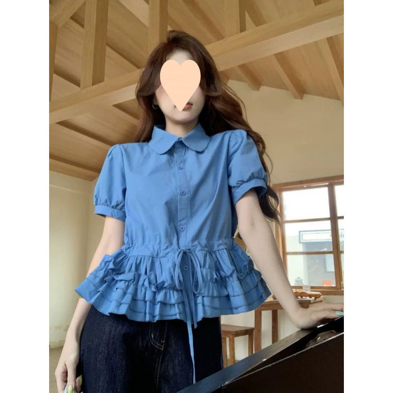 Female Cute Youth-looking Blue Doll Collar Puff Sleeve Shirt