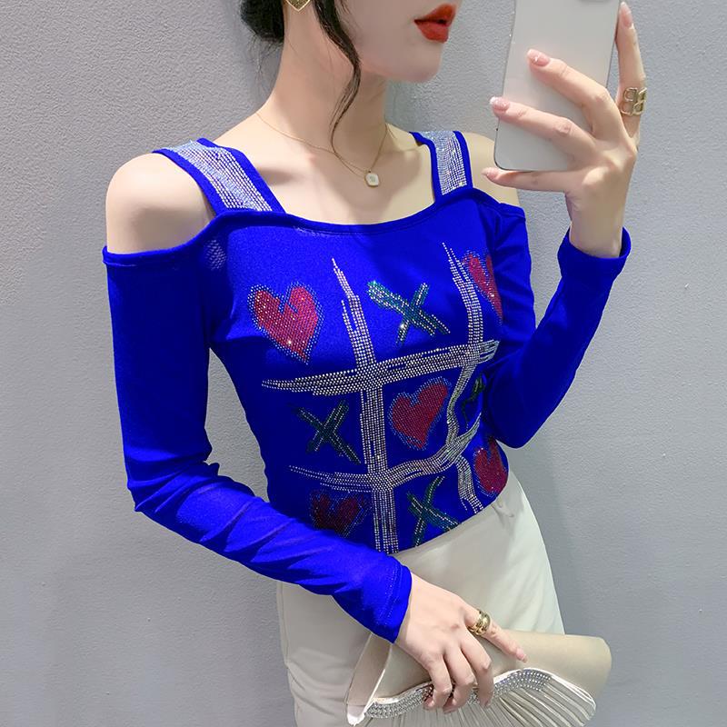Women's Double-layer Ice Silk Net Yarn Long-sleeved Off-shoulder Blouse Top