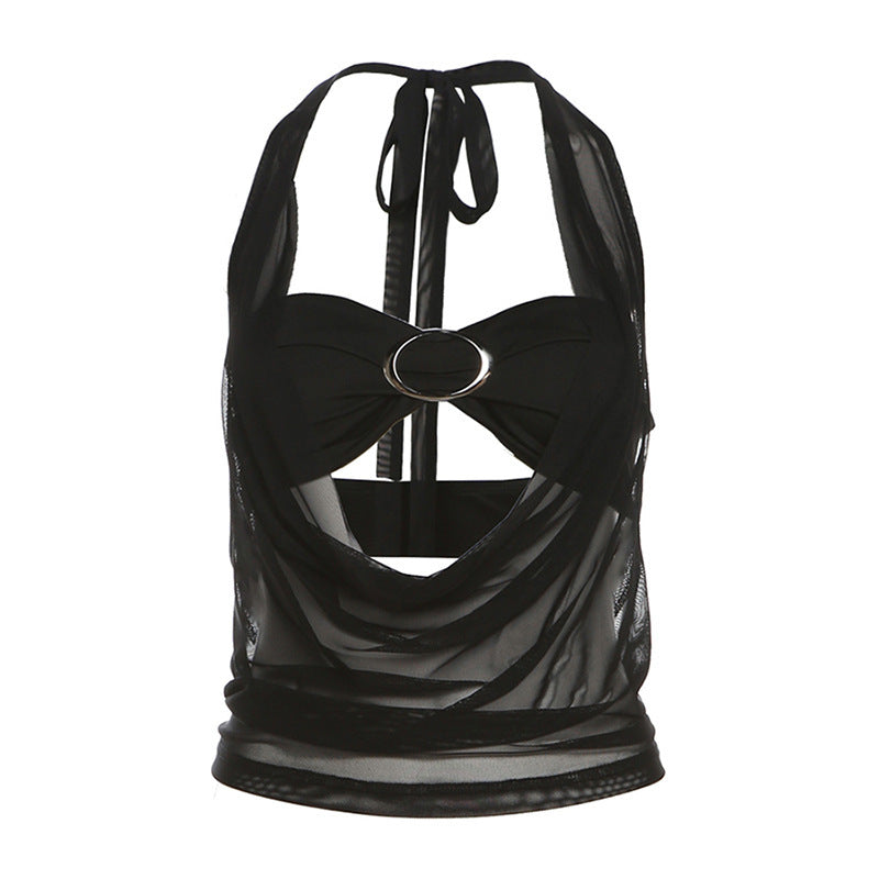 Underwear Bandeau Halter Sheer Mesh Vest Two-piece Set