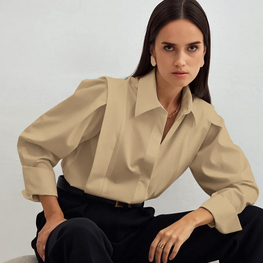 Niche European, American And French Style Commuter Right-angle Shoulder Slimming Shirt Women's Long Sleeve Stitching Sense