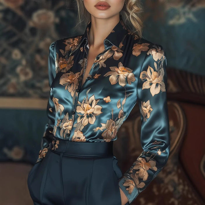 Spring And Summer Lapels Fashion Trollius Chinensis Printed Shirt