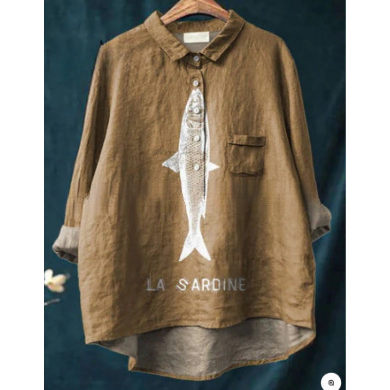 Loose Printed Crew Neck Casual Plus Size Women's Shirt