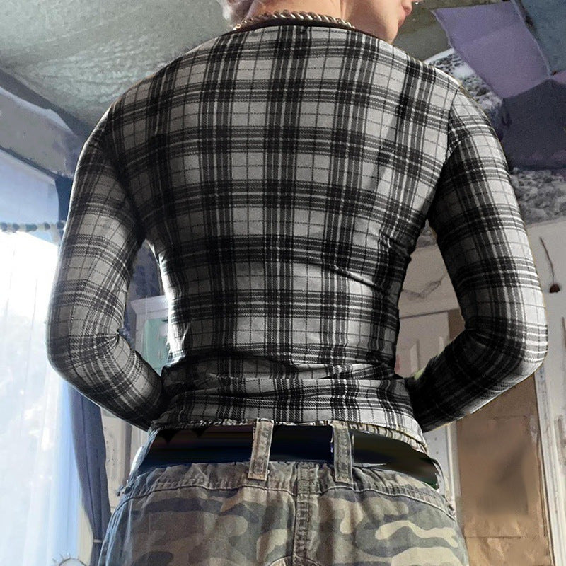 Commuting Elegant Contrast Color Design Plaid Pullover Slightly Transparent Thumb Hole Mesh Top