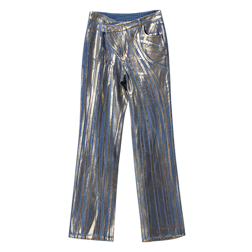 Gilding Jeans Slant Buckle Waist Stitching Strip Brush Silver Powder Craft