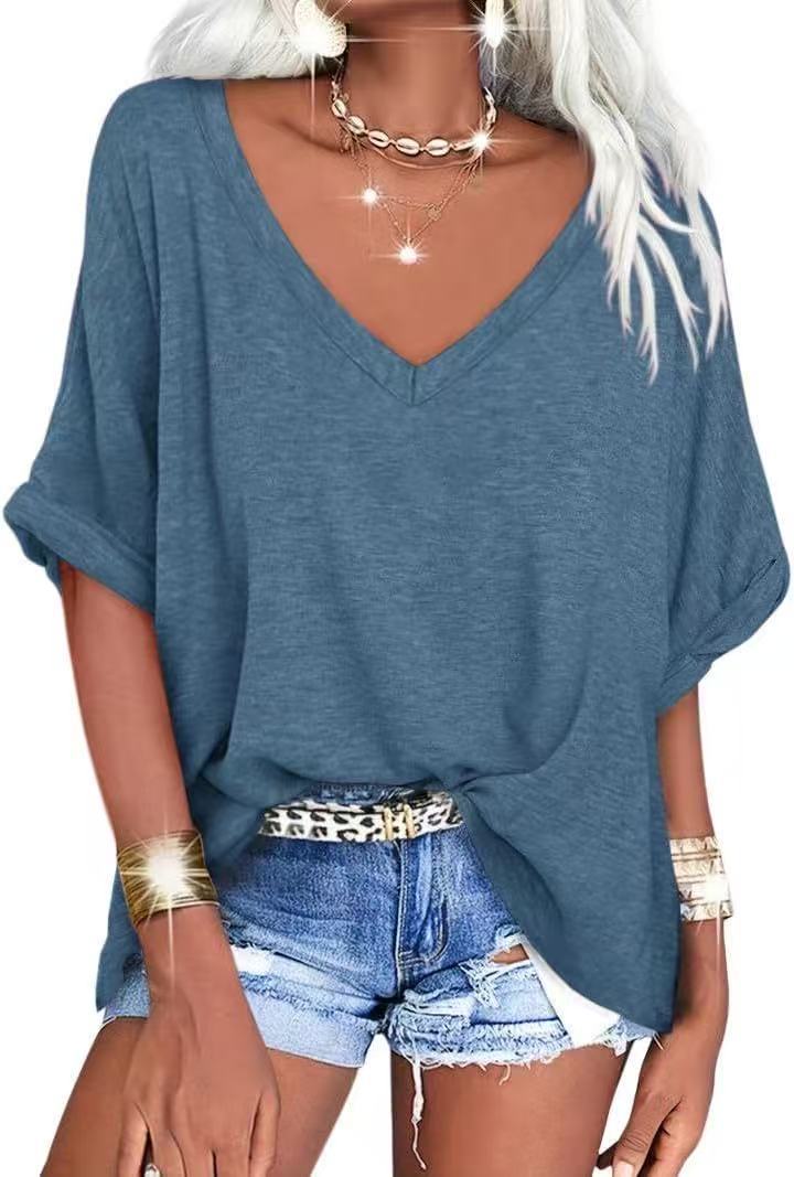 Women's Summer Loose T-shirt V-neck Curling Short Sleeve