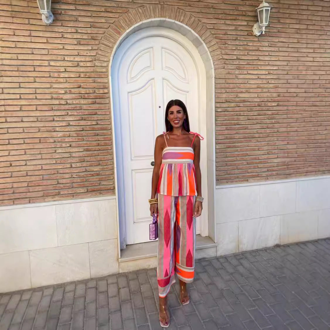 Color Matching Sling Top And Trousers Suit