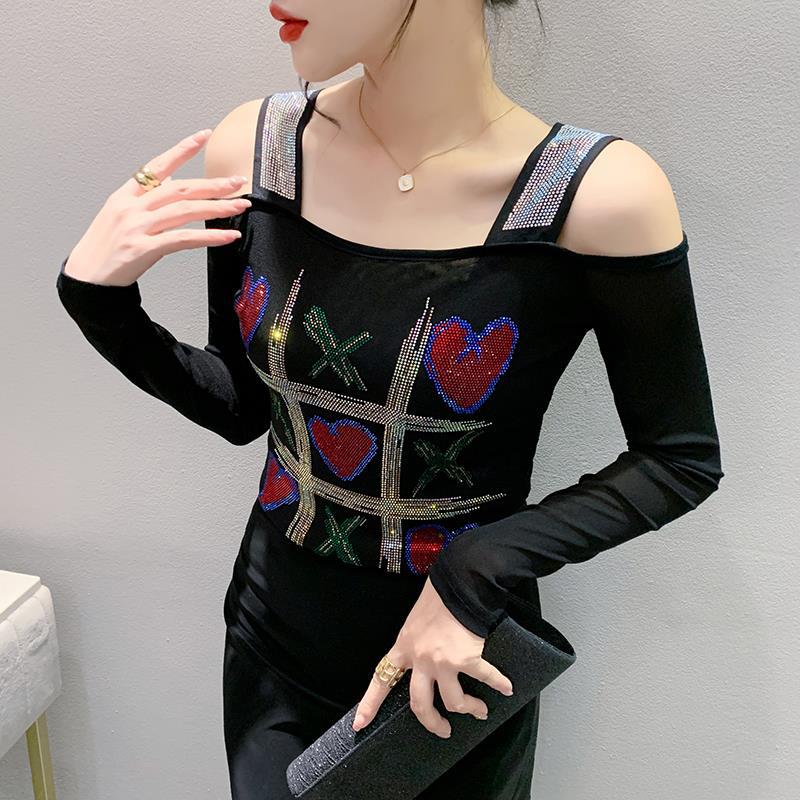Women's Double-layer Ice Silk Net Yarn Long-sleeved Off-shoulder Blouse Top
