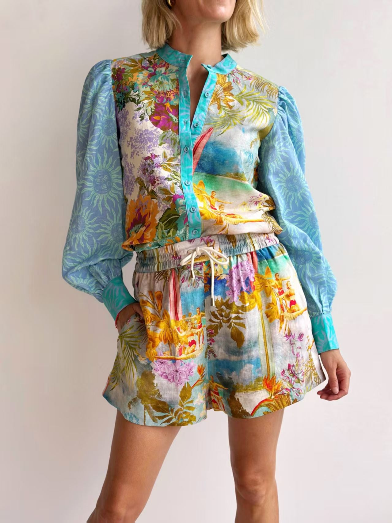 Casual Long Linen Sleeves Shirt Shorts Suit
