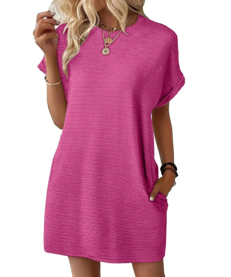Loose Round Neck Pocket Solid Color Short Sleeve Dress Women