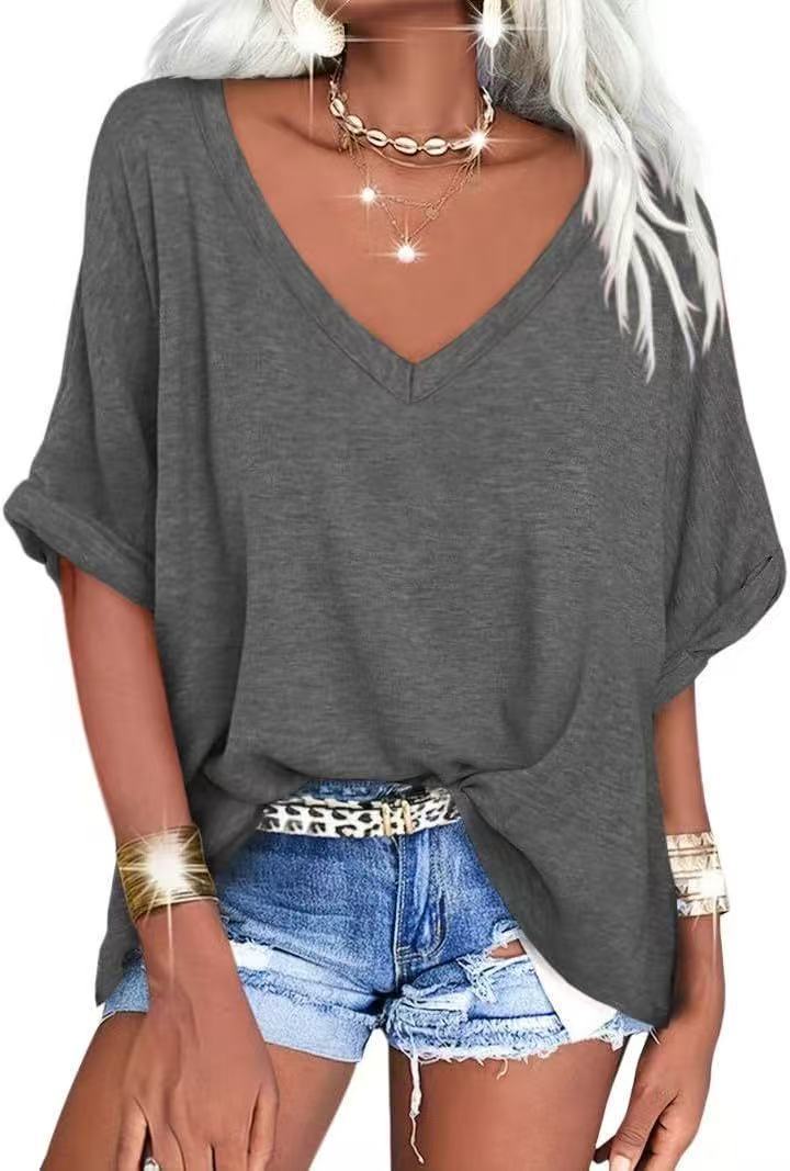 Women's Summer Loose T-shirt V-neck Curling Short Sleeve