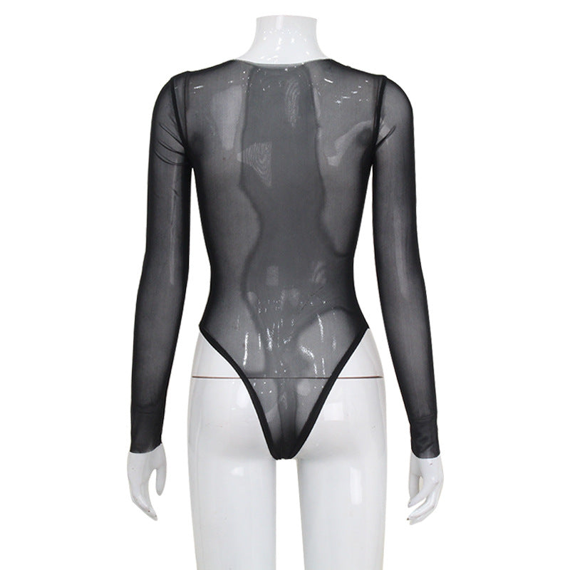 Fashion Mesh European And American Sexy Long Sleeve Mesh Slimming Patchwork Hot Girl Jumpsuit