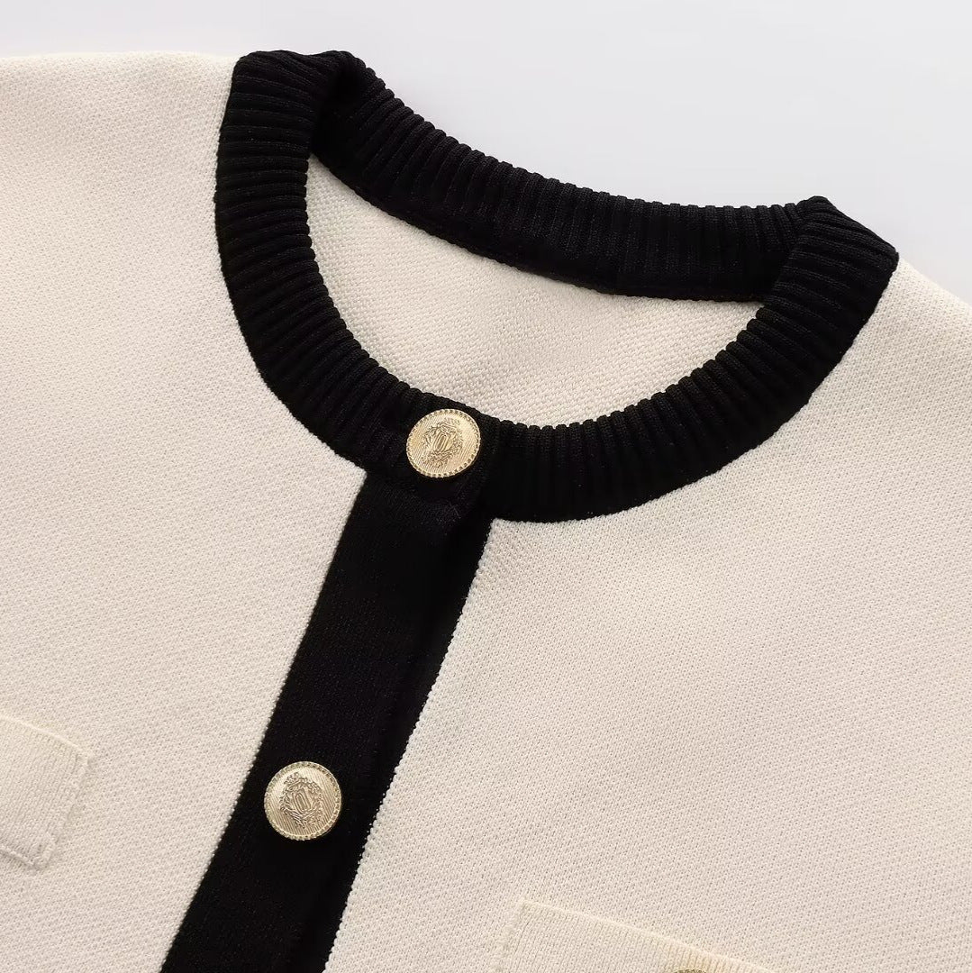 Fashion Color Contrast Round Neck Short Sleeve Knitted Cardigan