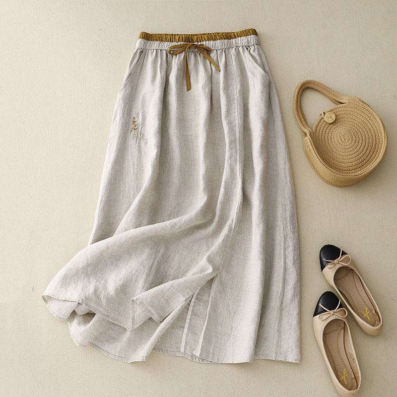 Artistic Embroidered Patchwork Skirt Elastic Waist Color Matching A- Line Skirt
