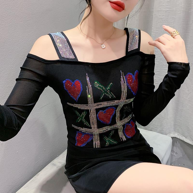Women's Double-layer Ice Silk Net Yarn Long-sleeved Off-shoulder Blouse Top