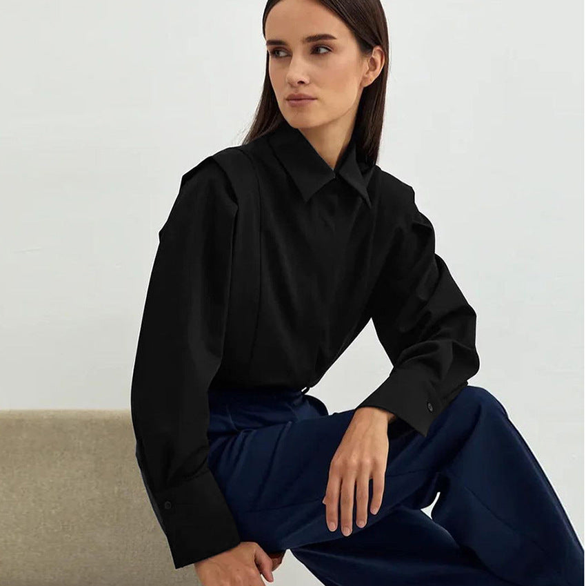 Niche European, American And French Style Commuter Right-angle Shoulder Slimming Shirt Women's Long Sleeve Stitching Sense