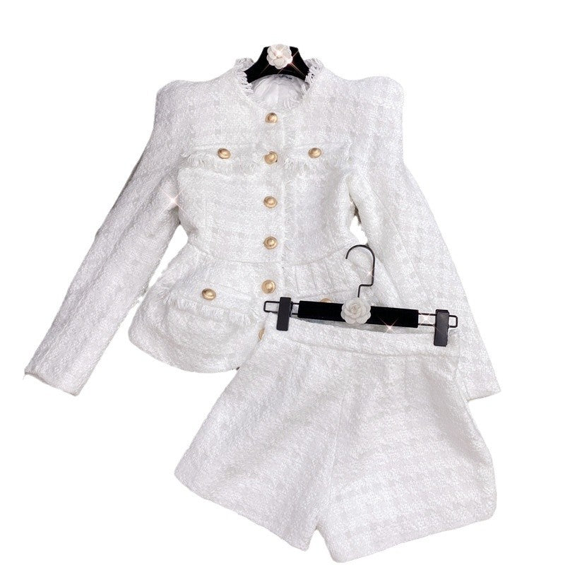 New Autumn And Winter Classic Style White Shiner Thick Flowery Jacket Jacket Shorts Suit