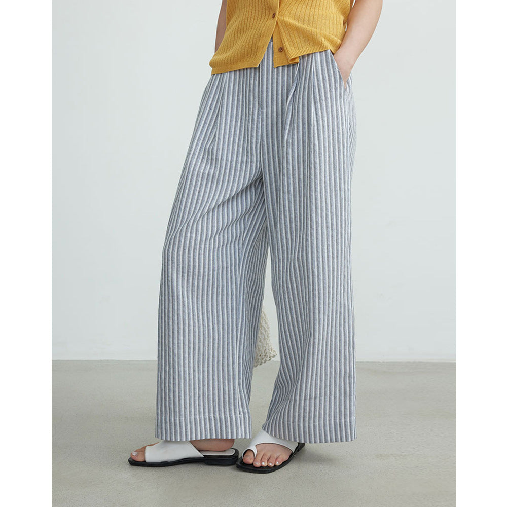 Striped Cotton And Linen Wide-leg Pants High Waist
