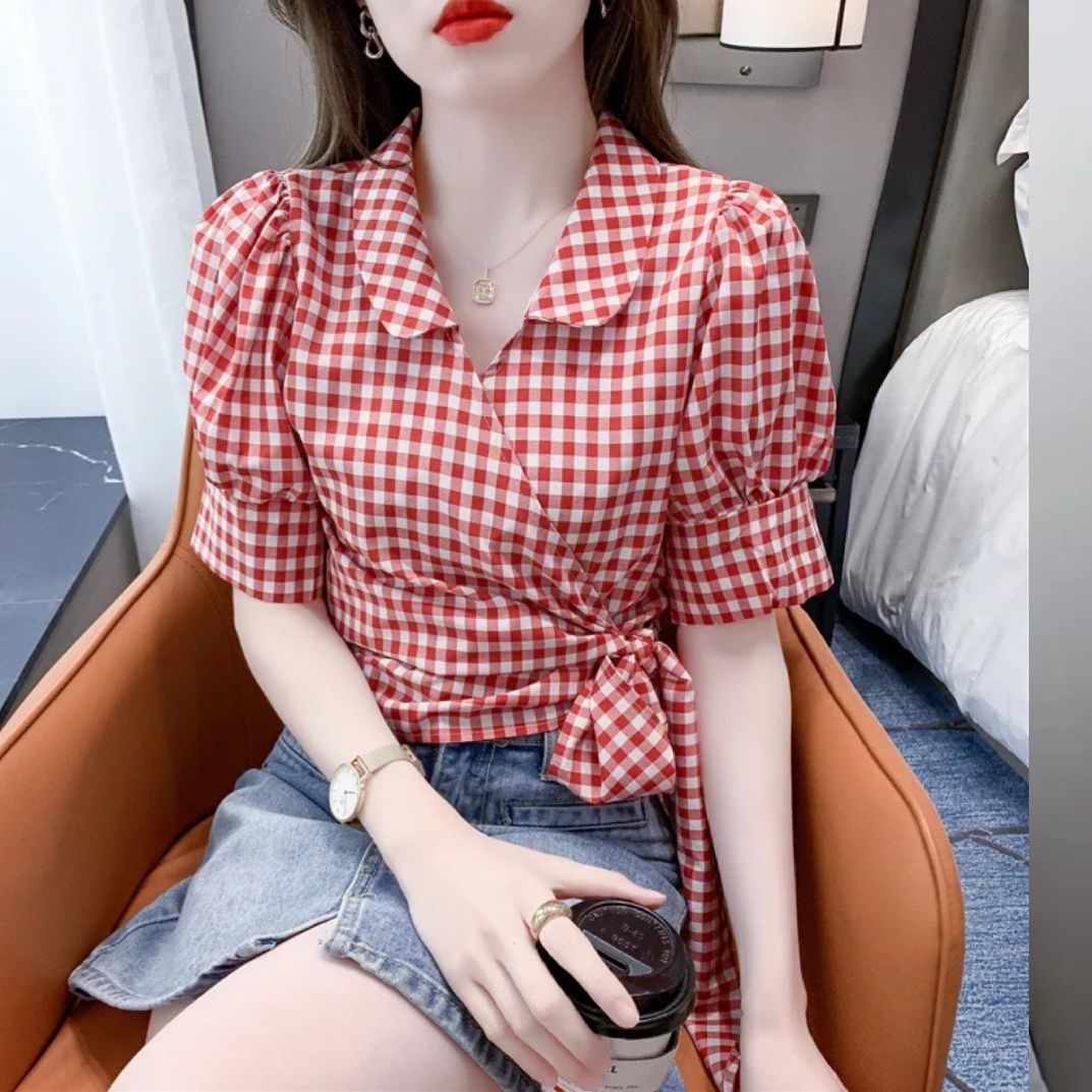 Plaid Shirt Women's Design Sense Niche French Tight Waist Puff Sleeve