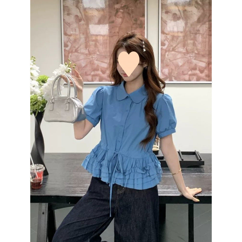 Female Cute Youth-looking Blue Doll Collar Puff Sleeve Shirt