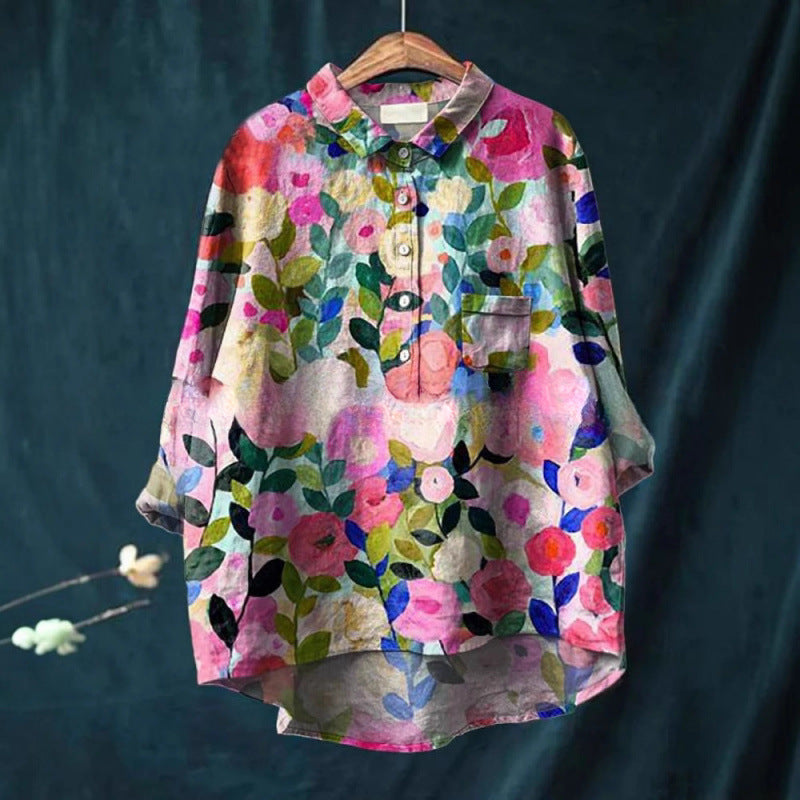 Loose Printed Crew Neck Casual Plus Size Women's Shirt