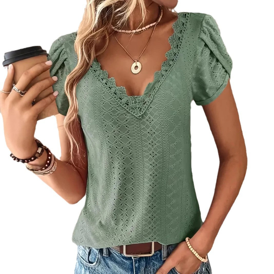 Women's Eyelet Lace Trim V-neck Shirt