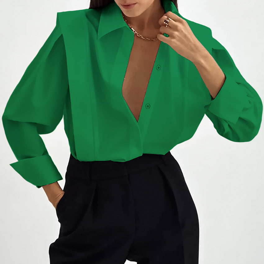 Niche European, American And French Style Commuter Right-angle Shoulder Slimming Shirt Women's Long Sleeve Stitching Sense
