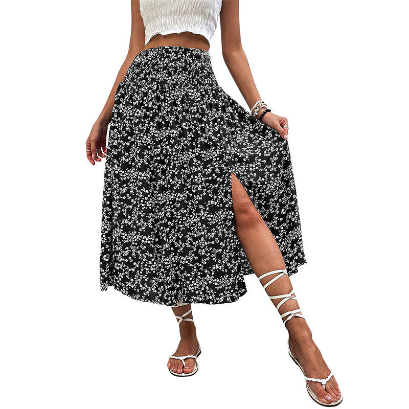 European And American Women's Clothing Casual Holiday Floral Print Split Skirt