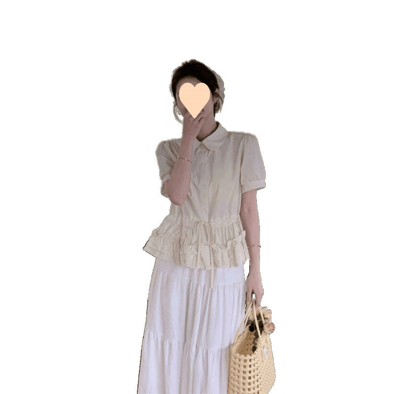 Female Cute Youth-looking Blue Doll Collar Puff Sleeve Shirt