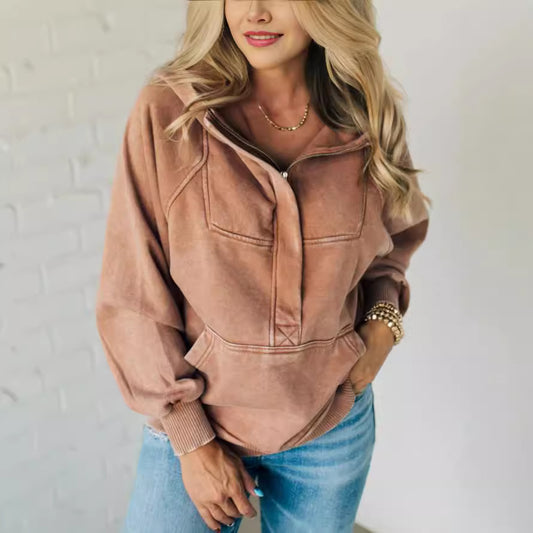 Women's Half Zipper Wash Hoodie Sweatshirt Sweater