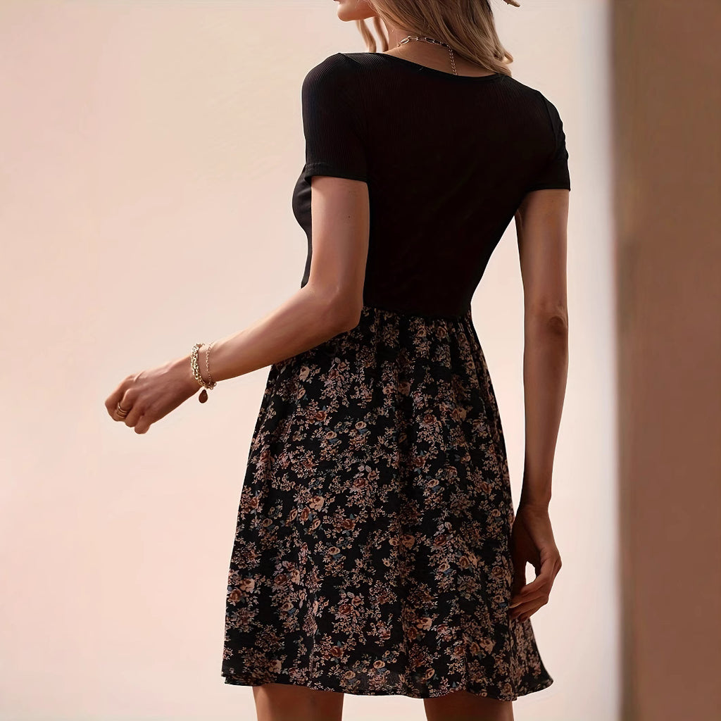European And American Spring And Summer Floral Print Low Collar Leisure Vacation High Waist Big Swing Dress