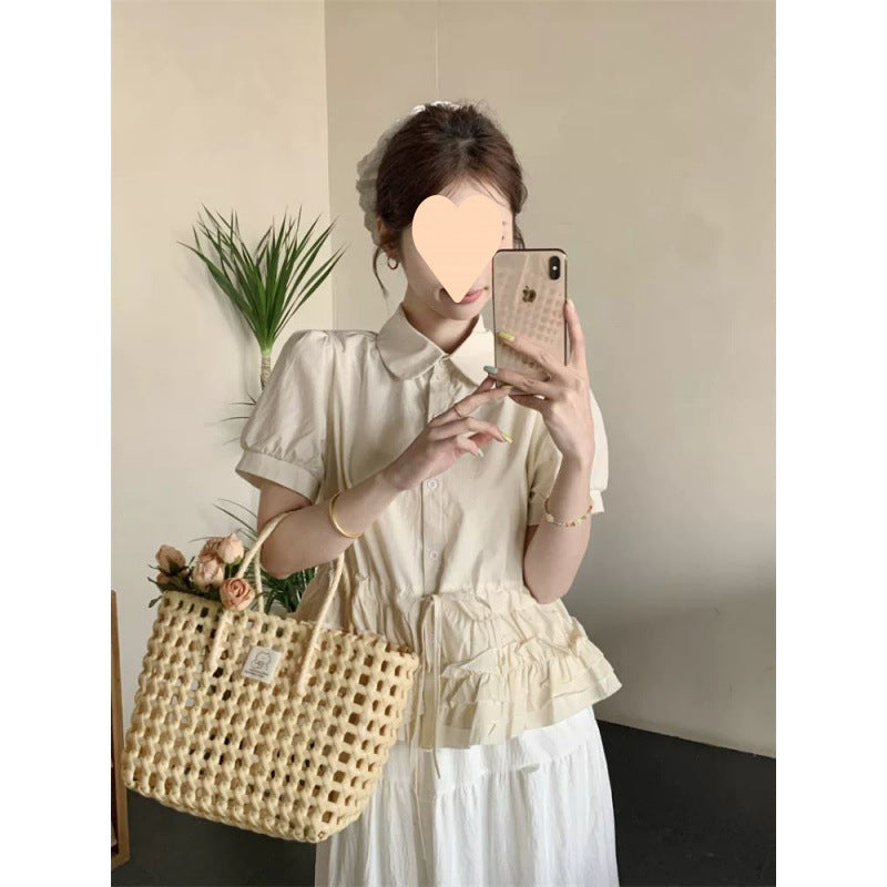 Female Cute Youth-looking Blue Doll Collar Puff Sleeve Shirt
