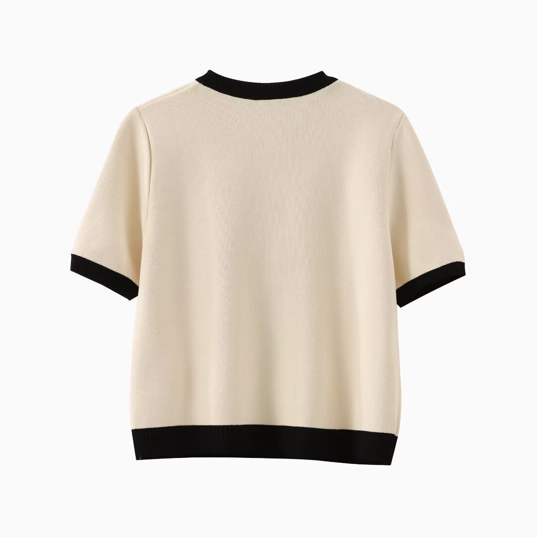 Fashion Color Contrast Round Neck Short Sleeve Knitted Cardigan