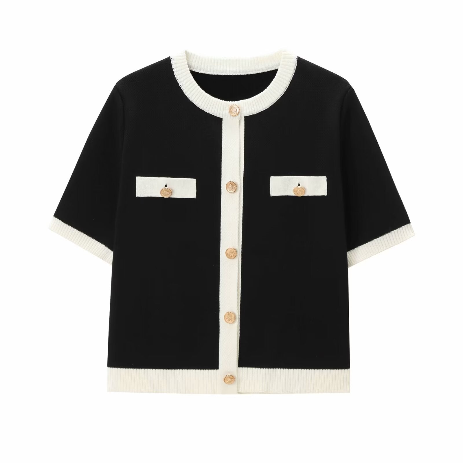 Fashion Color Contrast Round Neck Short Sleeve Knitted Cardigan