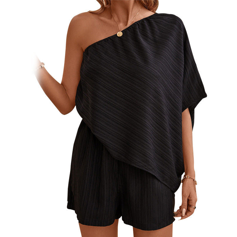 Texture Oblique Shoulder Solid Color Jumpsuit