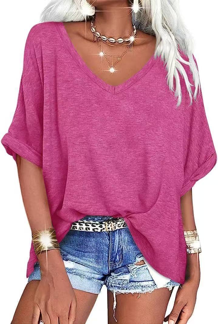 Women's Summer Loose T-shirt V-neck Curling Short Sleeve
