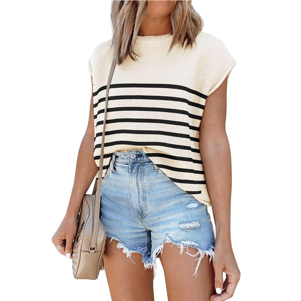 Women's Round Neck Top Thick Needle Casual Striped Short Sleeve