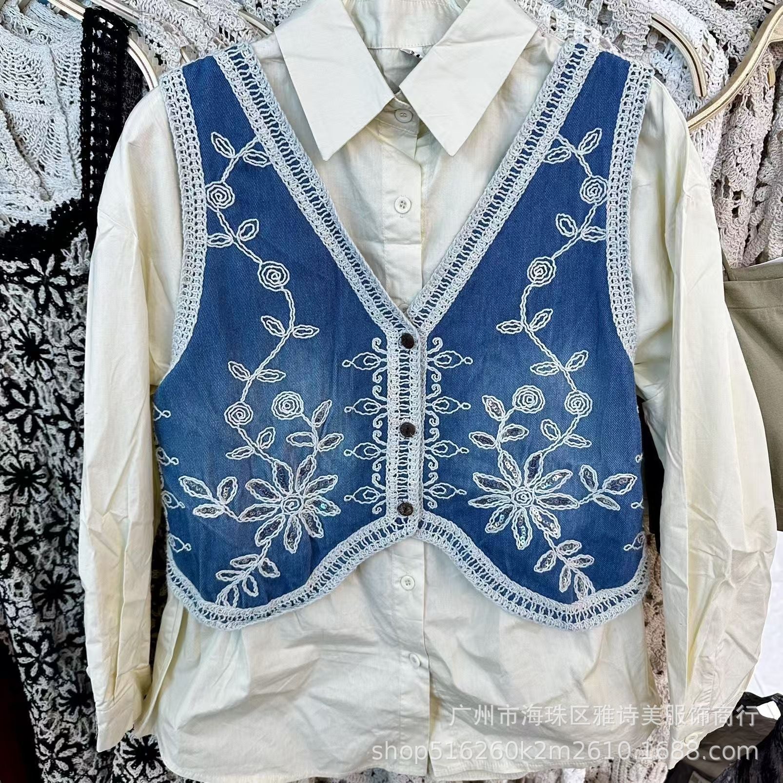Heavy Industry Crochet Embroidery Denim Waistcoat Vest