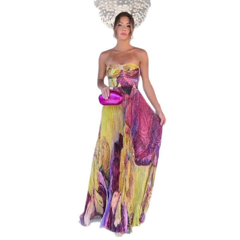 Women's Printed Bandeau Slim-fit Vacation Style Dress