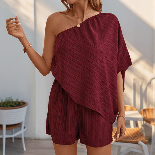 Texture Oblique Shoulder Solid Color Jumpsuit