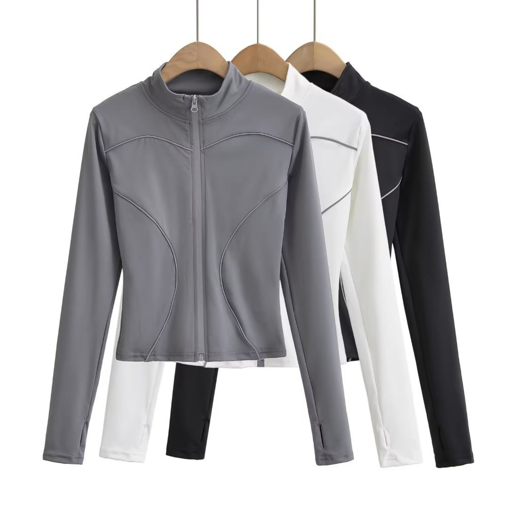 Yoga Half Turtleneck Zipper Cardigan Reflective Stripe Tight Short T-shirt