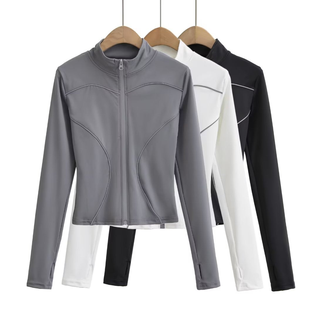 Yoga Half Turtleneck Zipper Cardigan Reflective Stripe Tight Short T-shirt