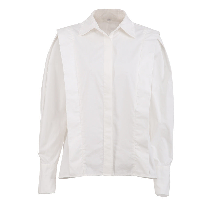 Niche European, American And French Style Commuter Right-angle Shoulder Slimming Shirt Women's Long Sleeve Stitching Sense