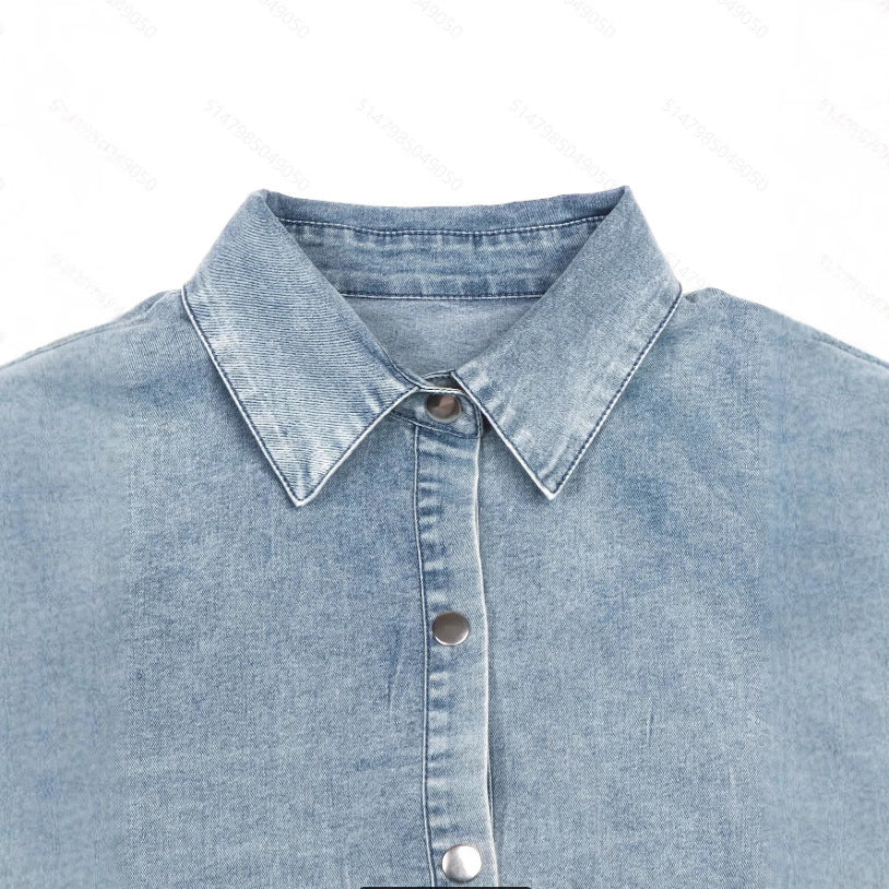 Washed Denim Lapel Loose Dress Skirt