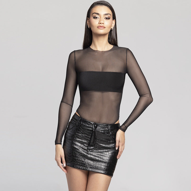 Fashion Mesh European And American Sexy Long Sleeve Mesh Slimming Patchwork Hot Girl Jumpsuit