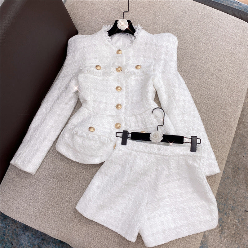 New Autumn And Winter Classic Style White Shiner Thick Flowery Jacket Jacket Shorts Suit