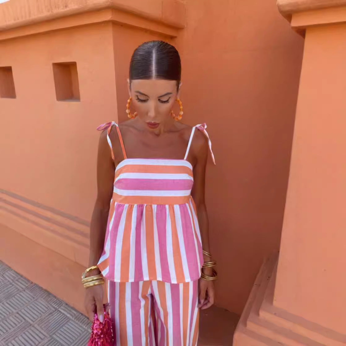 Color Matching Sling Top And Trousers Suit