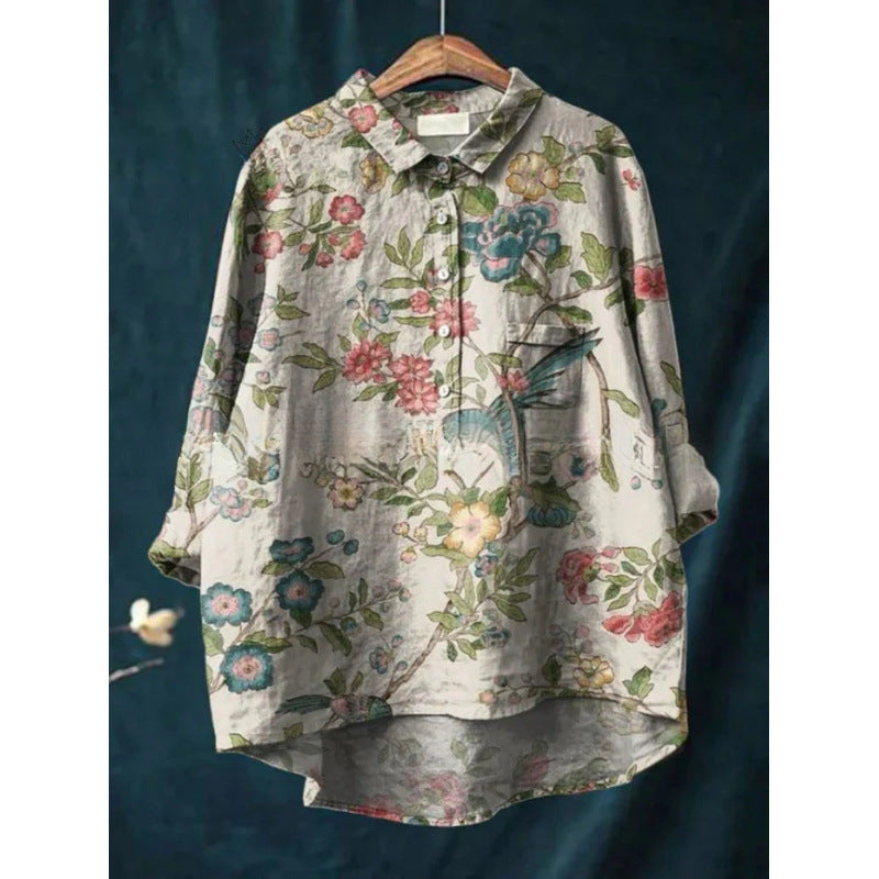 Loose Printed Crew Neck Casual Plus Size Women's Shirt